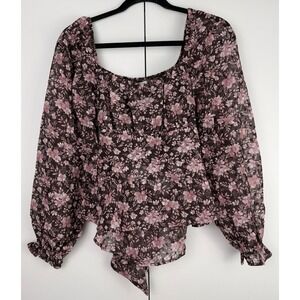 Francescas Brown Pink Floral Balloon Sleeve Tie Back Blouse NWT Small 12CN891SND